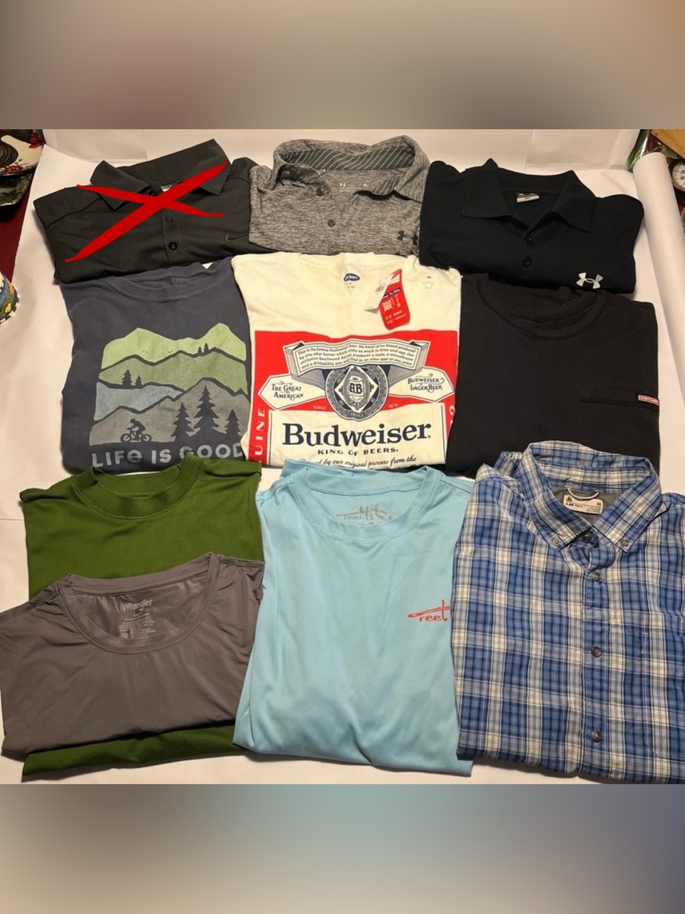 LOT Of 9 Men’s Shirts Size Medium Under Amour Cabela’s Reel Life Wrangler